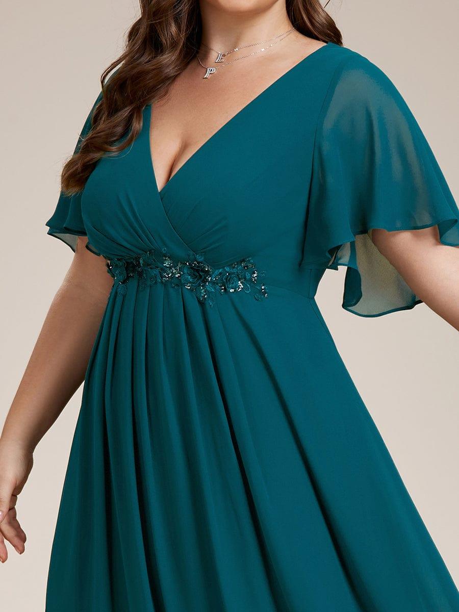 Funkelndes Abendkleid in A-Linie mit Empire-Taille und langen ?rmeln #farbe_Teal