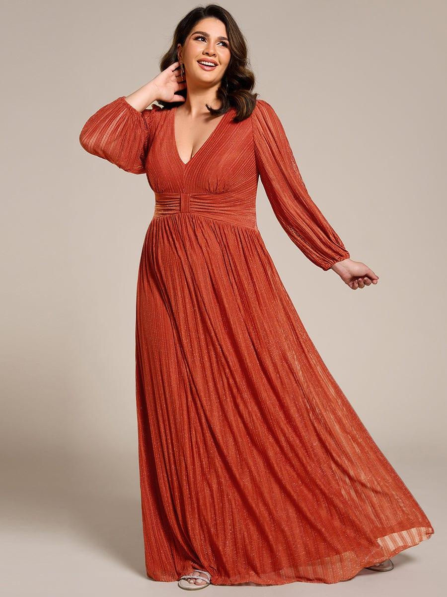 Plus Size Dazzling Empire Waist See-Through Long Sleeves A-Line Evening Dress #color_Burnt Orange