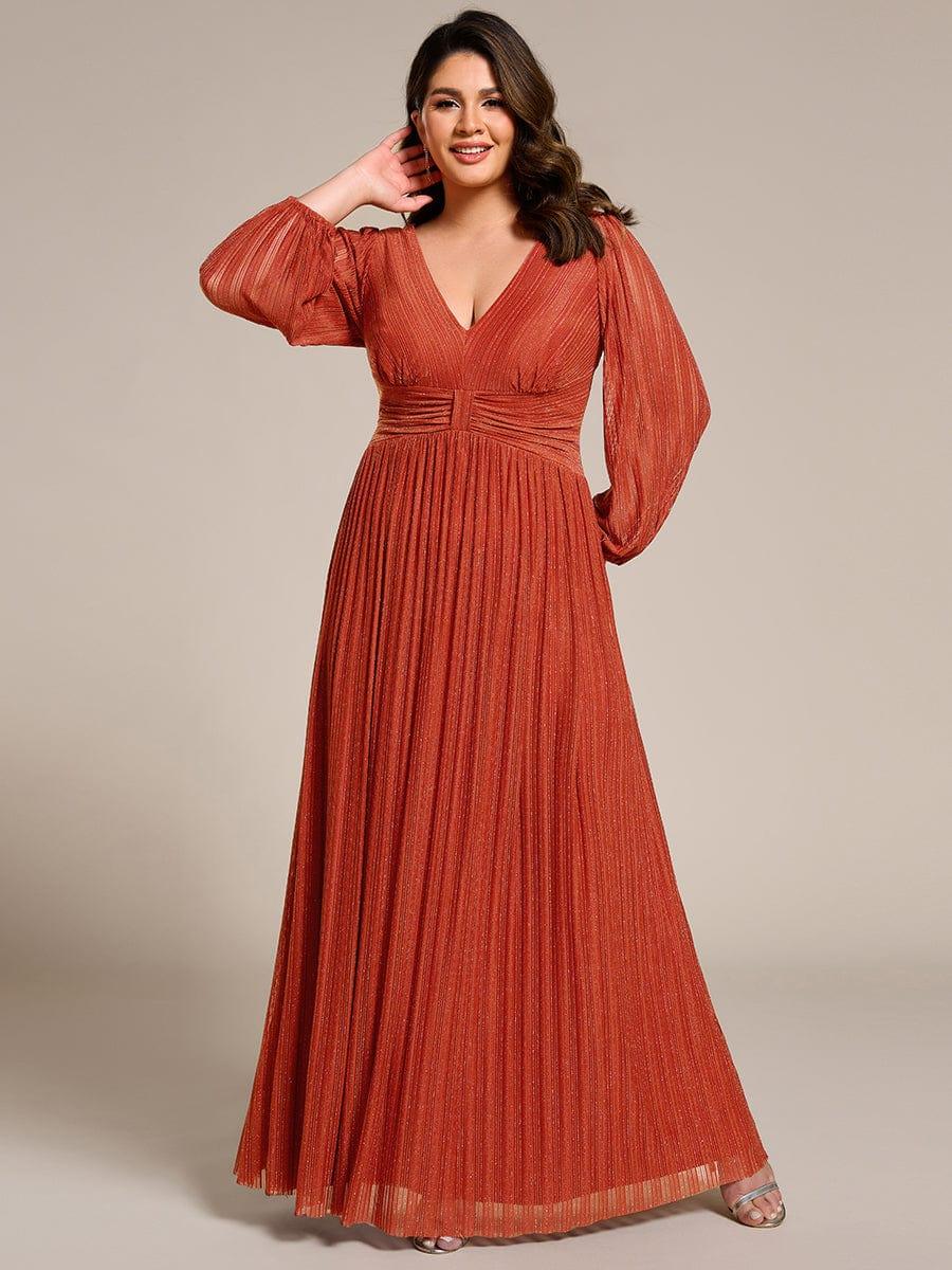Plus Size Dazzling Empire Waist See-Through Long Sleeves A-Line Evening Dress #color_Burnt Orange