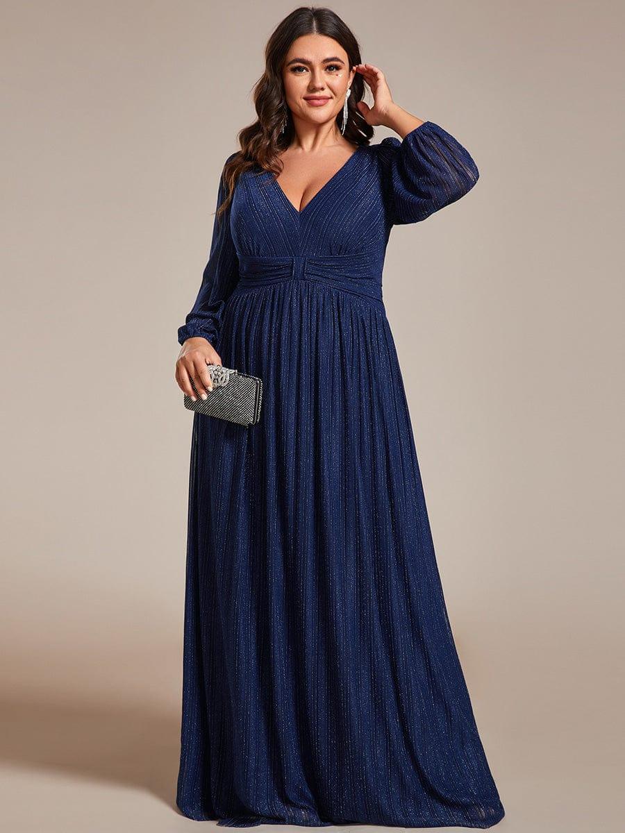 Plus Size Dazzling Empire Waist See-Through Long Sleeves A-Line Evening Dress #color_Navy Blue