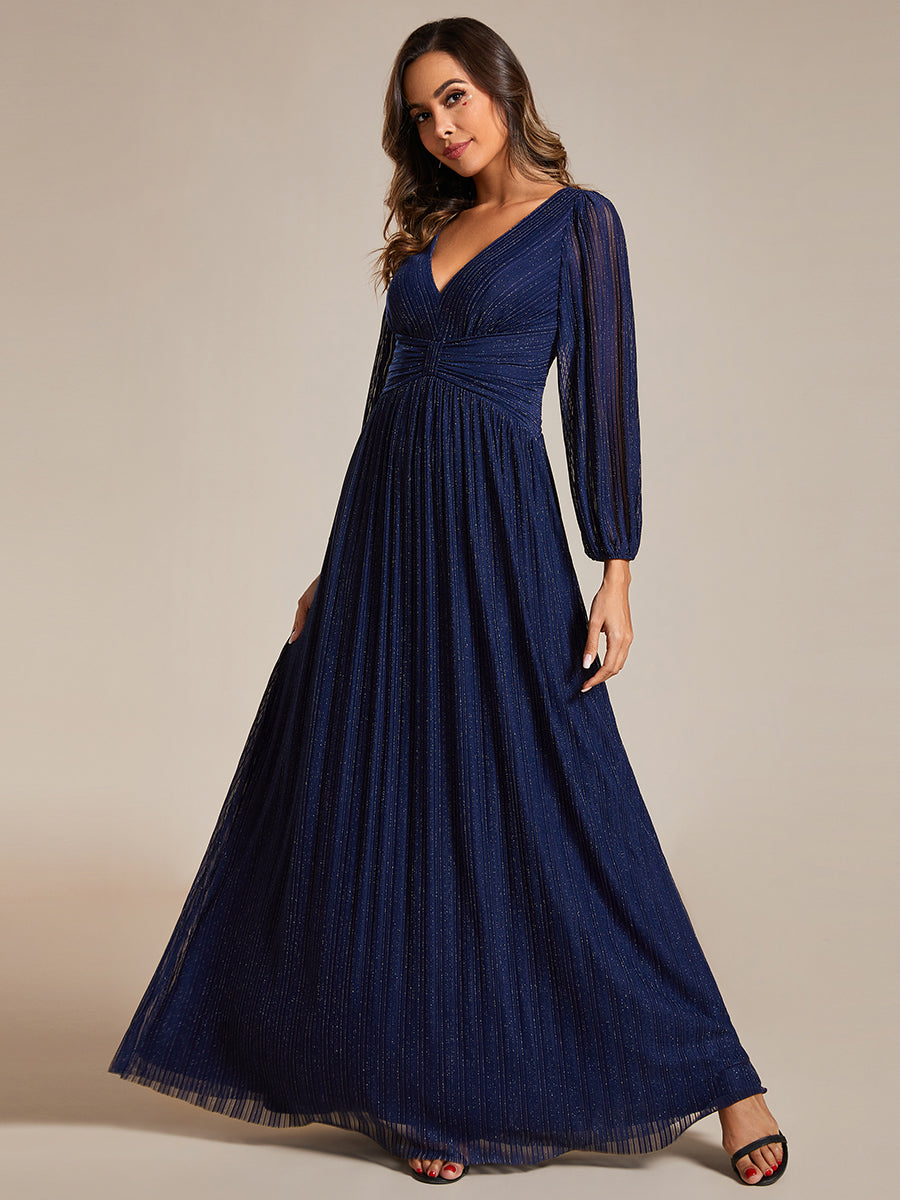 Funkelndes Abendkleid in A-Linie mit Empire-Taille und langen Ärmeln #farbe_Marineblau