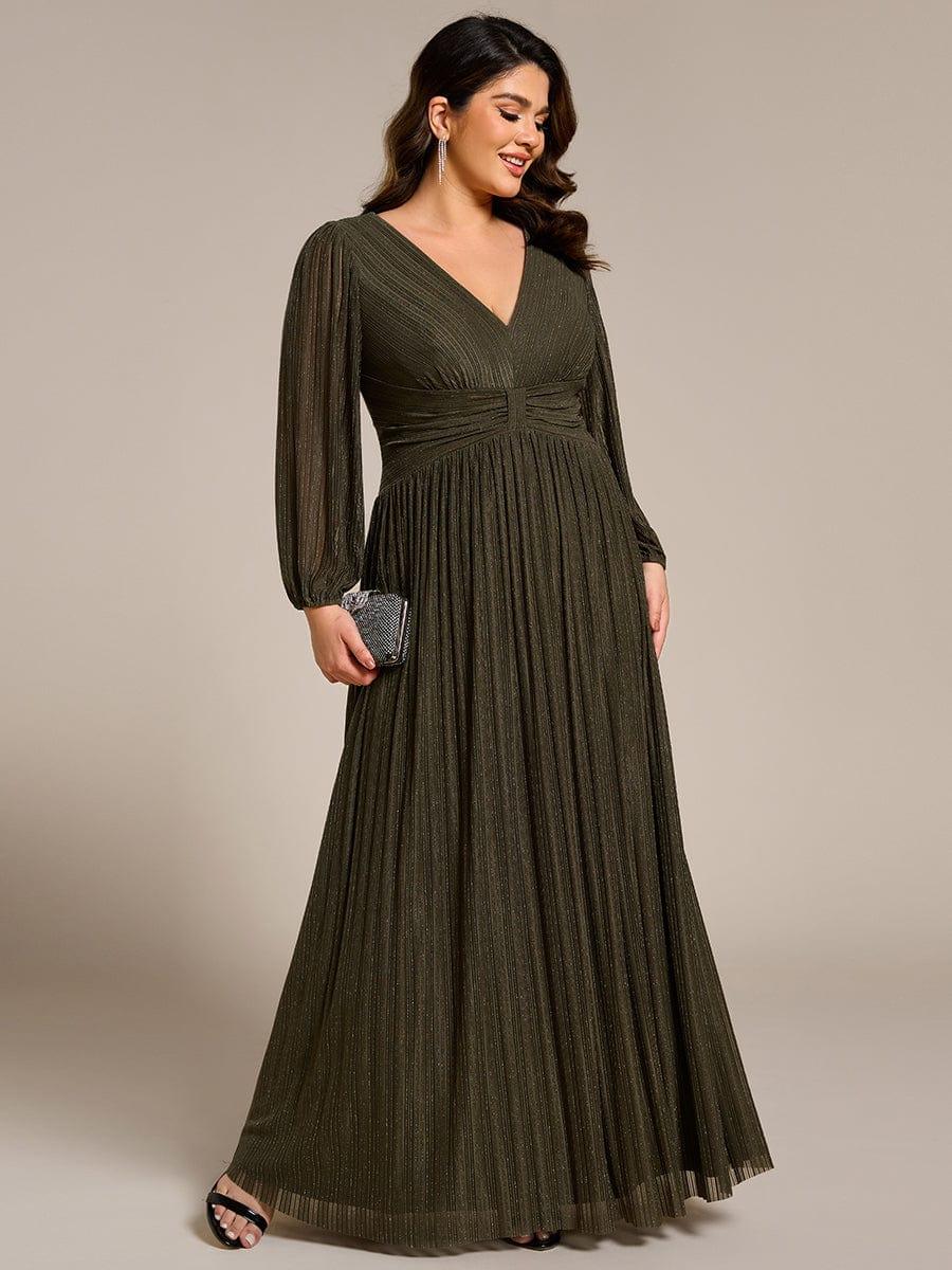 Plus Size Dazzling Empire Waist See-Through Long Sleeves A-Line Evening Dress #color_Olive Green