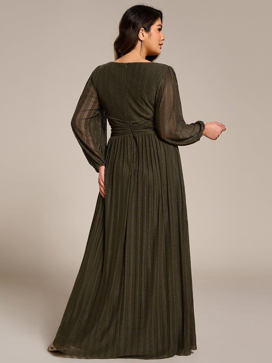 Plus Size Dazzling Empire Waist See-Through Long Sleeves A-Line Evening Dress #color_Olive Green
