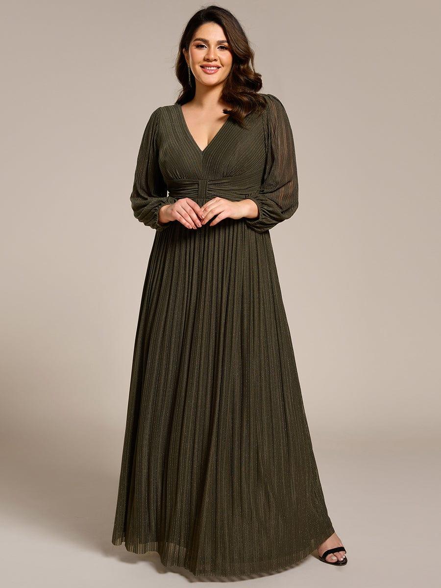 Plus Size Dazzling Empire Waist See-Through Long Sleeves A-Line Evening Dress #color_Olive Green