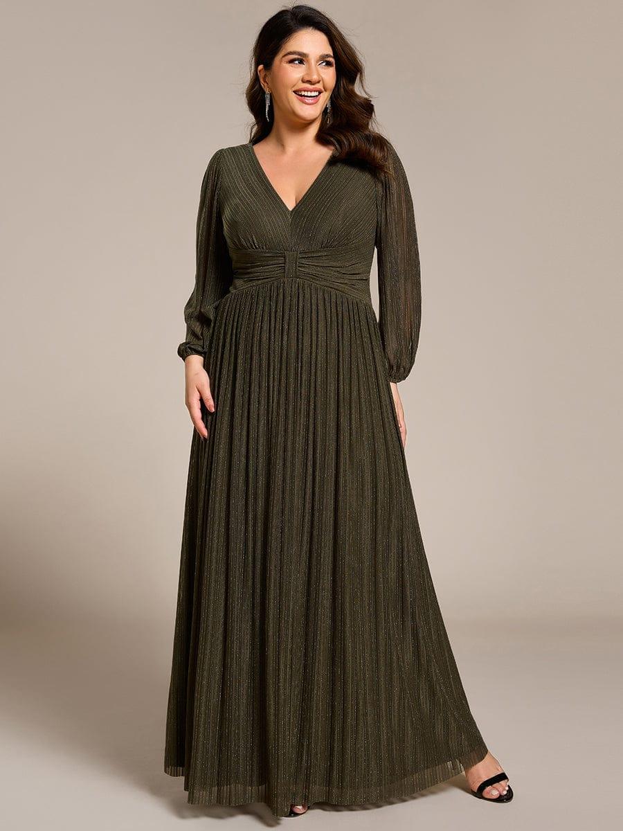Plus Size Dazzling Empire Waist See-Through Long Sleeves A-Line Evening Dress #color_Olive Green