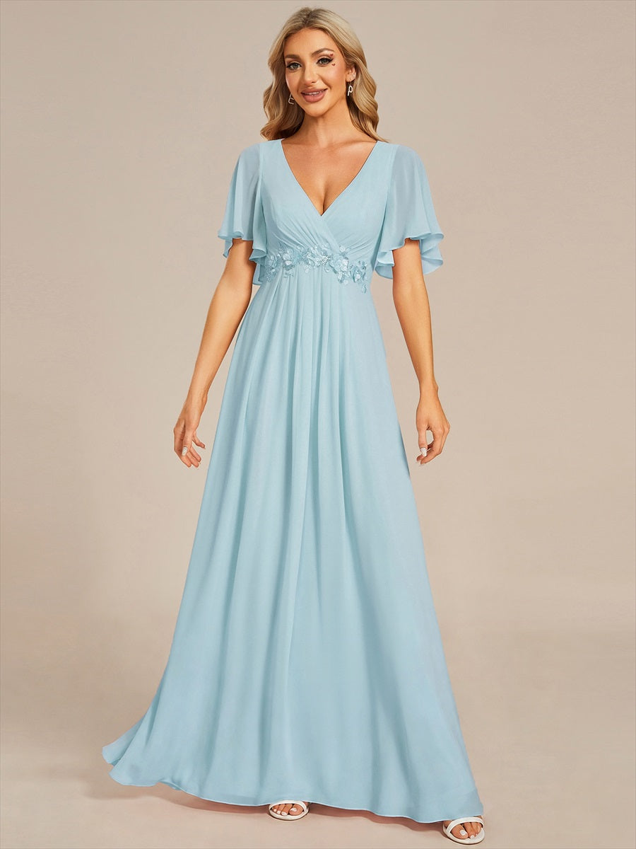 Funkelndes Abendkleid in A-Linie mit Empire-Taille und langen ?rmeln #farbe_Himmelblau