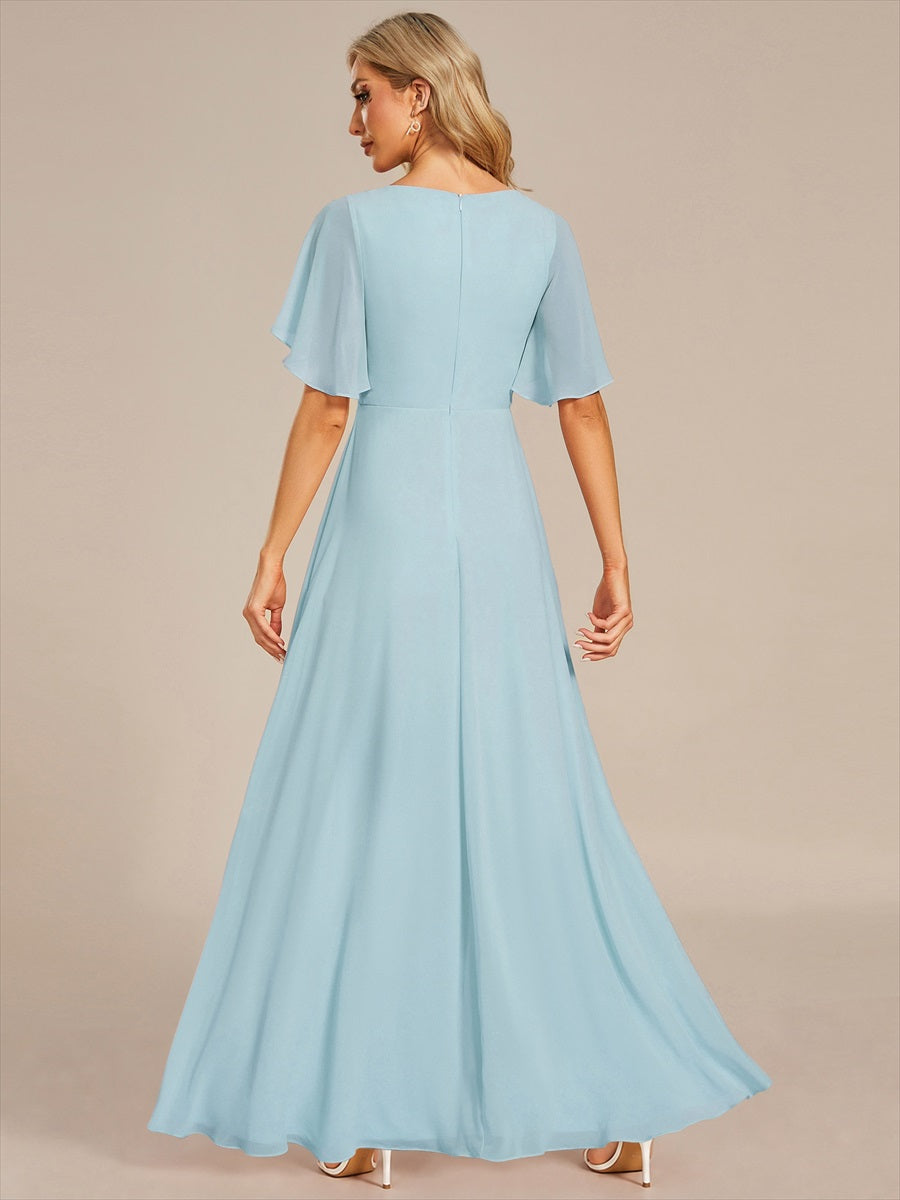 Funkelndes Abendkleid in A-Linie mit Empire-Taille und langen ?rmeln #farbe_Himmelblau