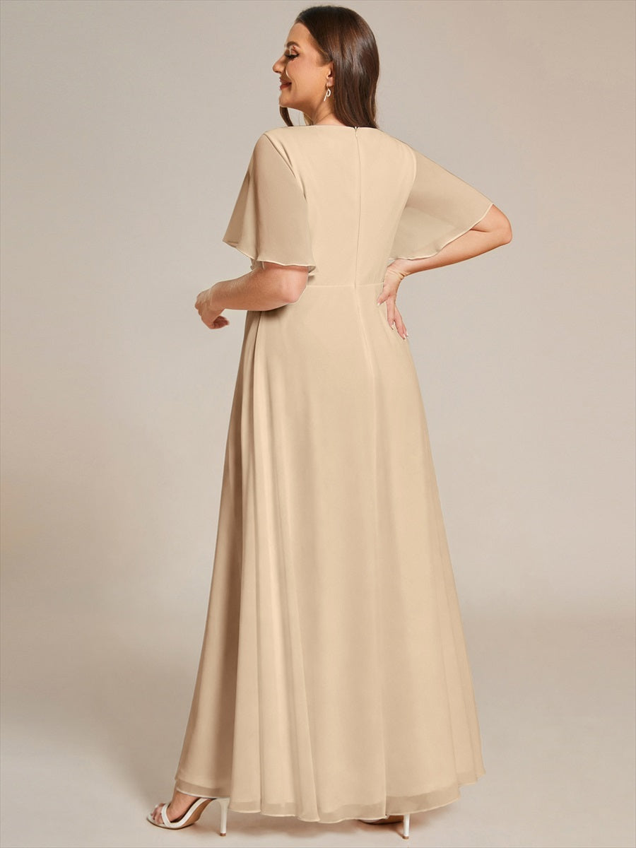 Funkelndes Abendkleid in A-Linie mit Empire-Taille und langen ?rmeln #farbe_Champagner