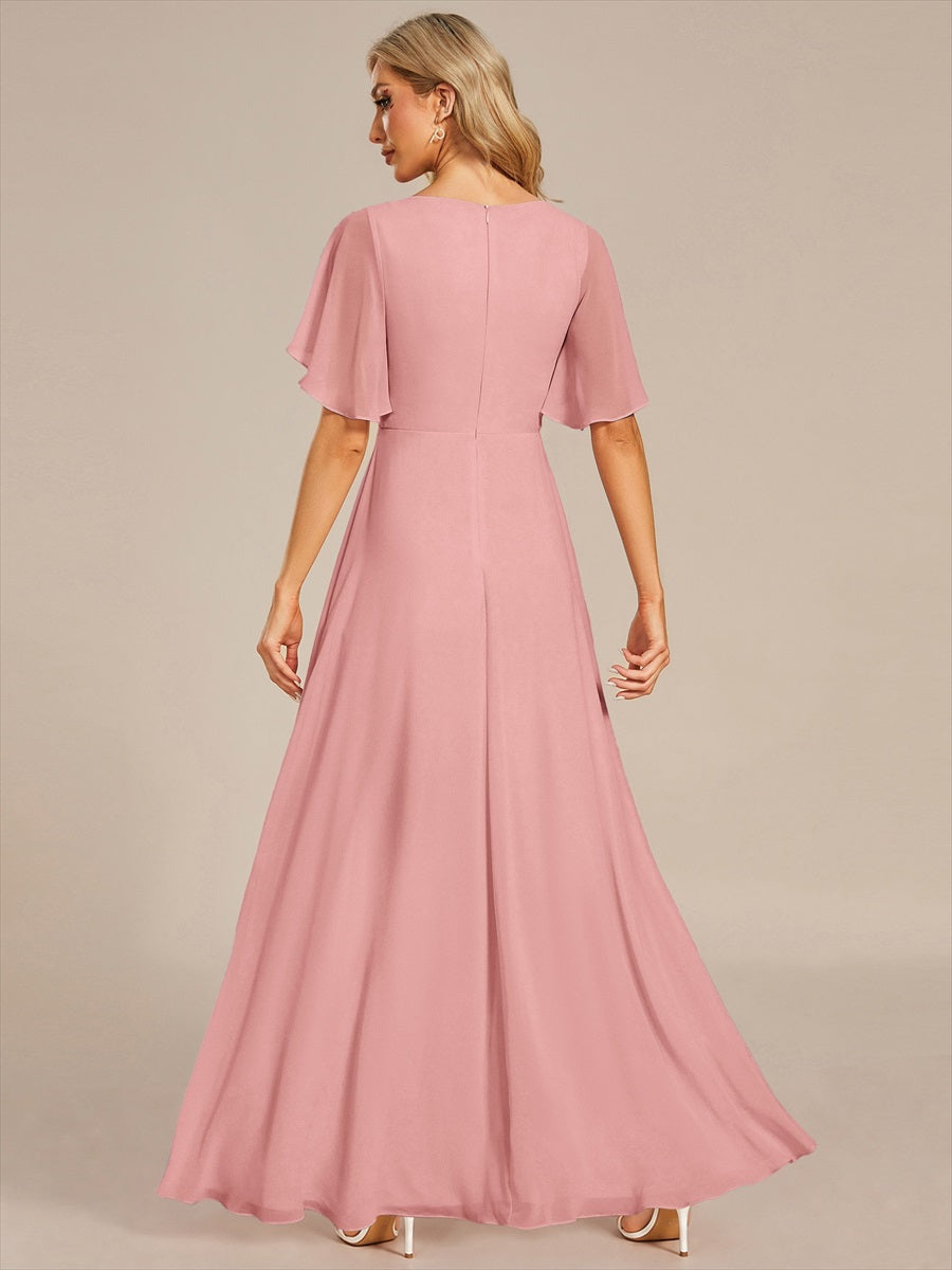 Funkelndes Abendkleid in A-Linie mit Empire-Taille und langen ?rmeln #Farbe_Altrosa