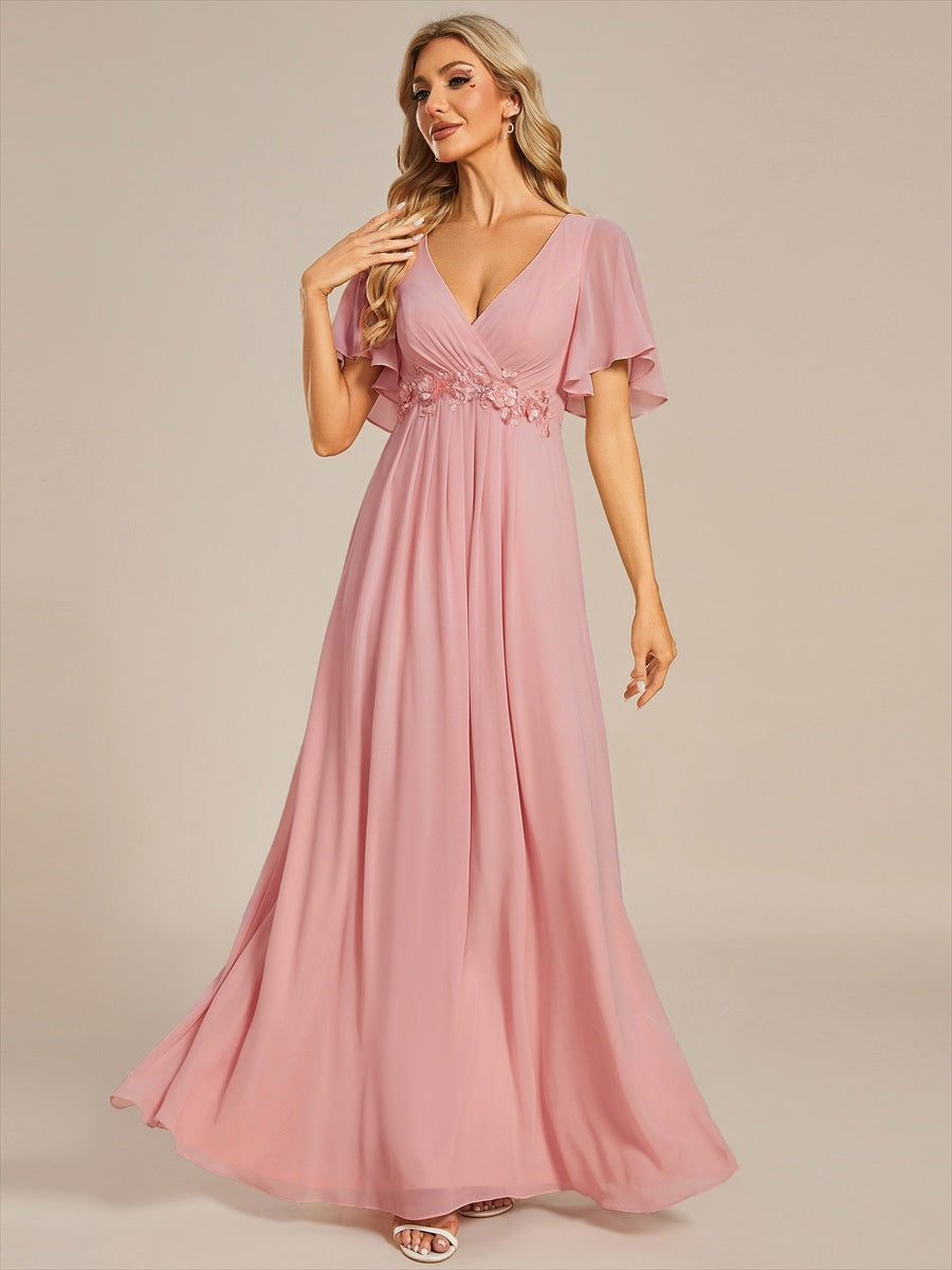 Funkelndes Abendkleid in A-Linie mit Empire-Taille und langen ?rmeln #Farbe_Altrosa