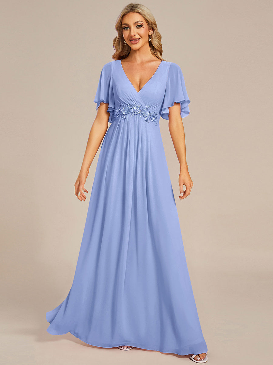 Funkelndes Abendkleid in A-Linie mit Empire-Taille und langen ?rmeln #farbe_Kornblumenblau