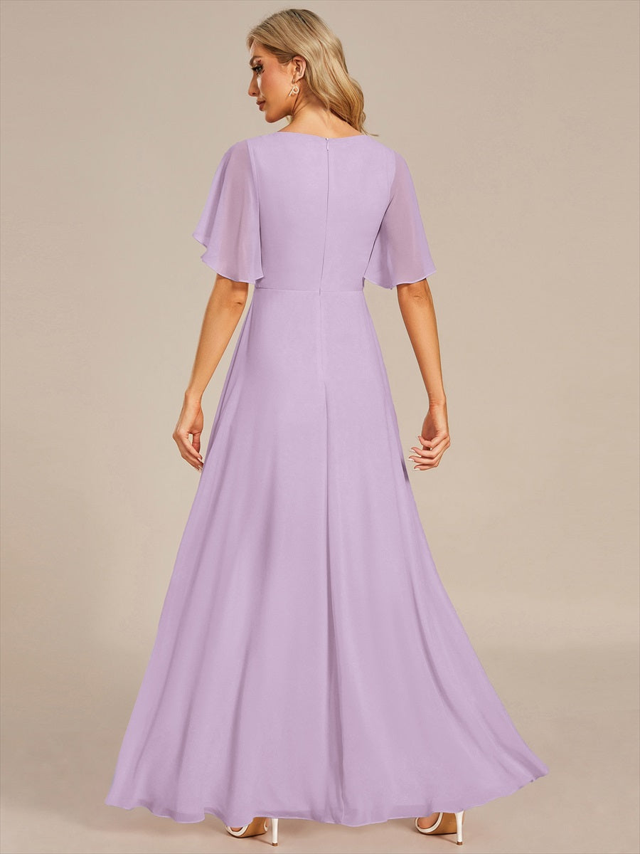 Funkelndes Abendkleid in A-Linie mit Empire-Taille und langen ?rmeln #Farbe_Mattflieder