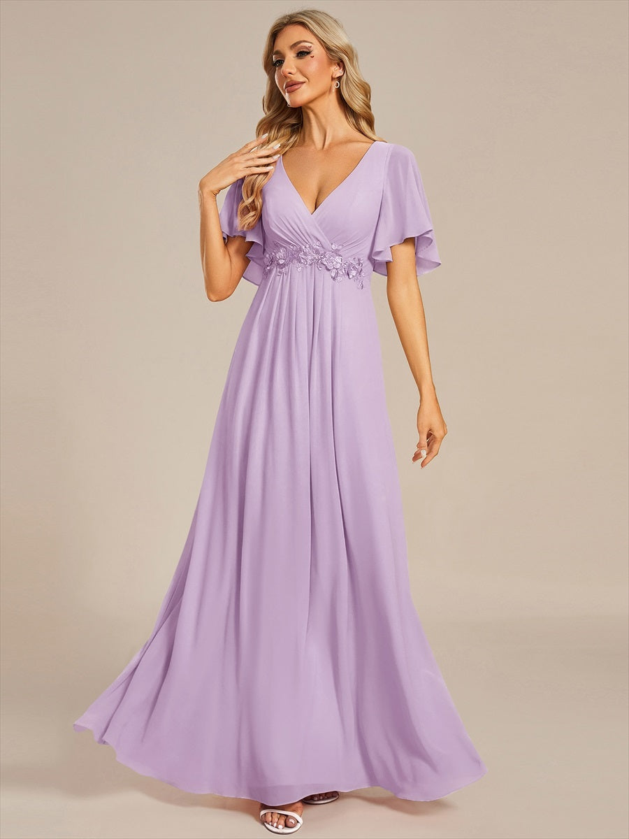 Funkelndes Abendkleid in A-Linie mit Empire-Taille und langen ?rmeln #Farbe_Mattflieder