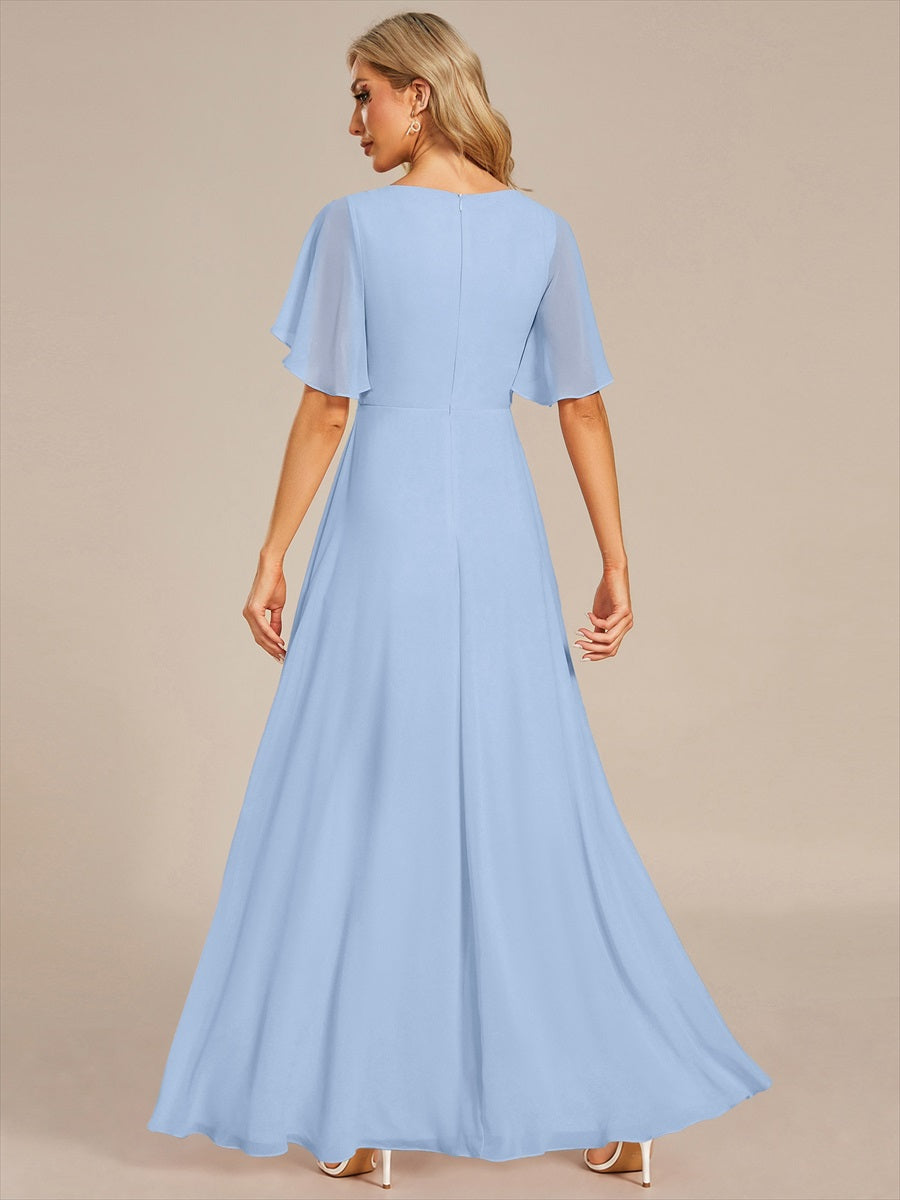 Funkelndes Abendkleid in A-Linie mit Empire-Taille und langen ?rmeln #farbe_Eisblau