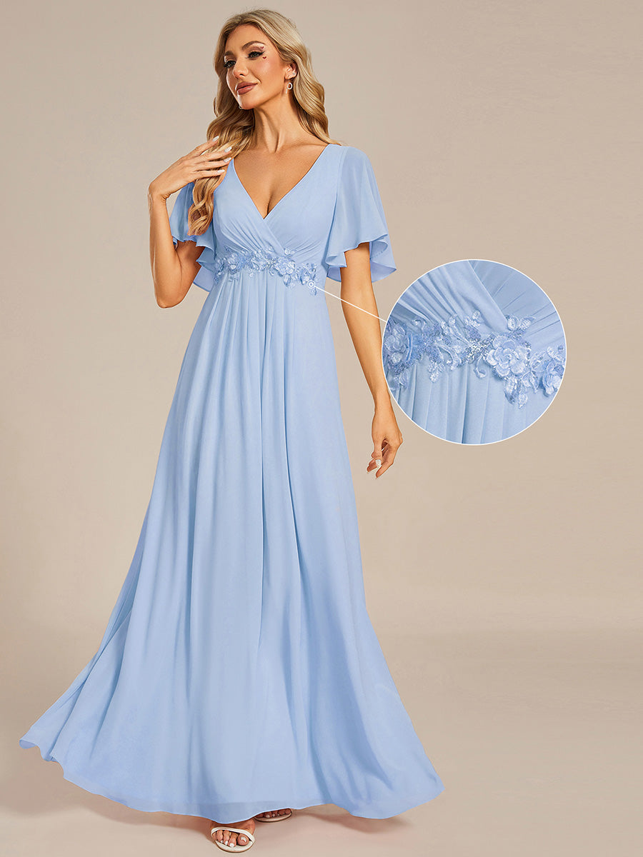 Funkelndes Abendkleid in A-Linie mit Empire-Taille und langen ?rmeln #farbe_Eisblau