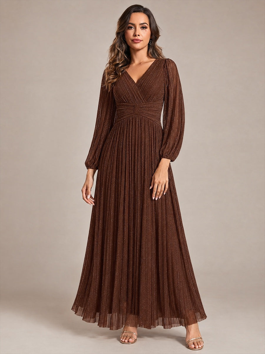 Funkelndes Abendkleid in A-Linie mit Empire-Taille und langen Ärmeln #Farbe_Schokoladenbraun