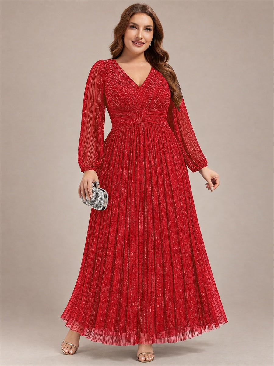 Funkelndes Abendkleid in A-Linie mit Empire-Taille und langen Ärmeln #Farbe_Rot