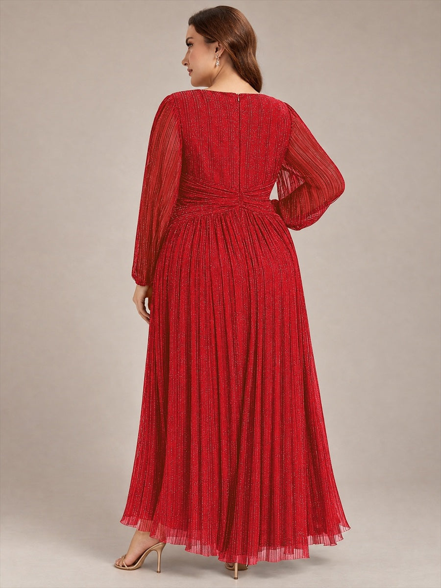 Funkelndes Abendkleid in A-Linie mit Empire-Taille und langen Ärmeln #Farbe_Rot