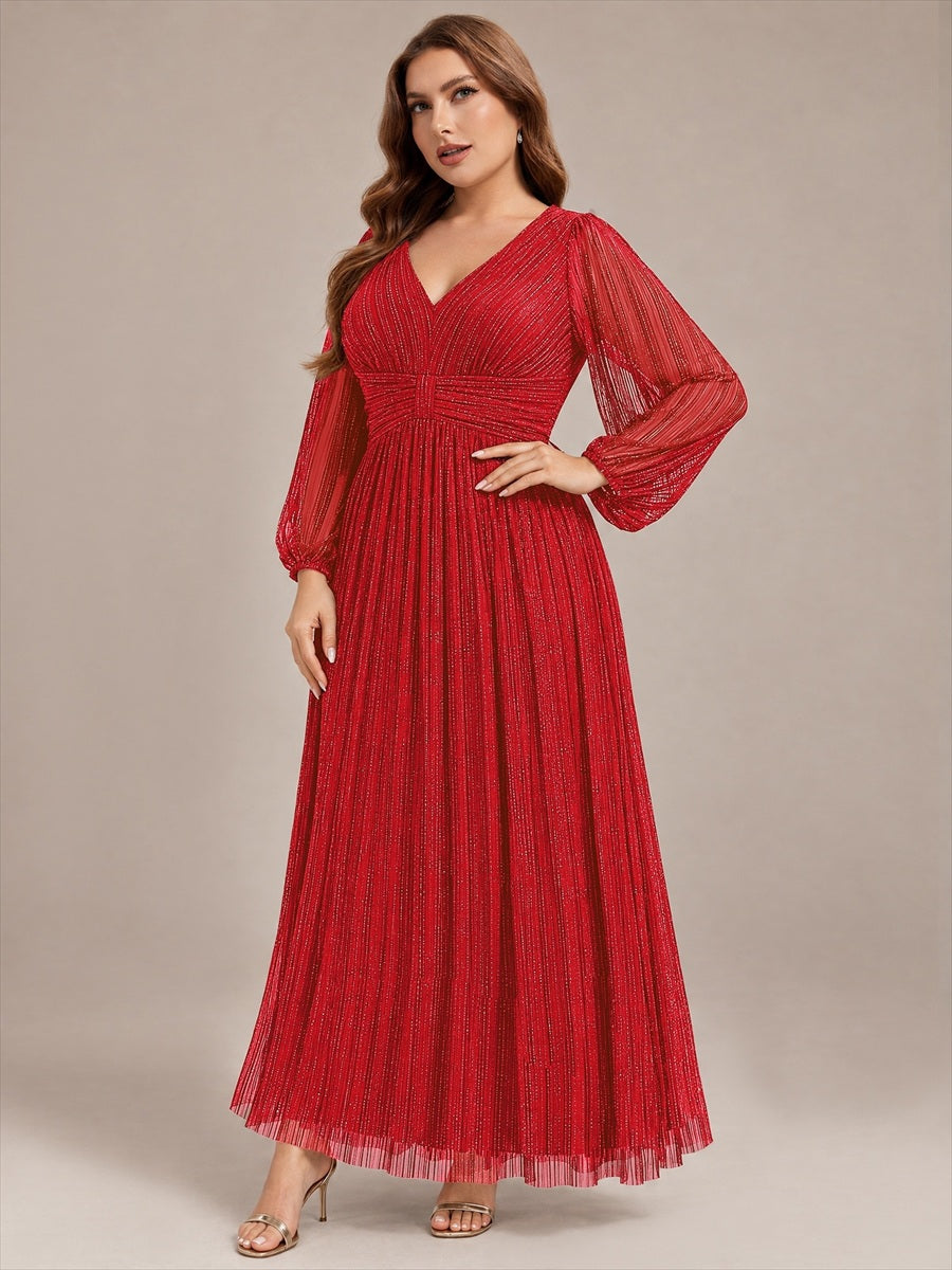 Funkelndes Abendkleid in A-Linie mit Empire-Taille und langen Ärmeln #Farbe_Rot
