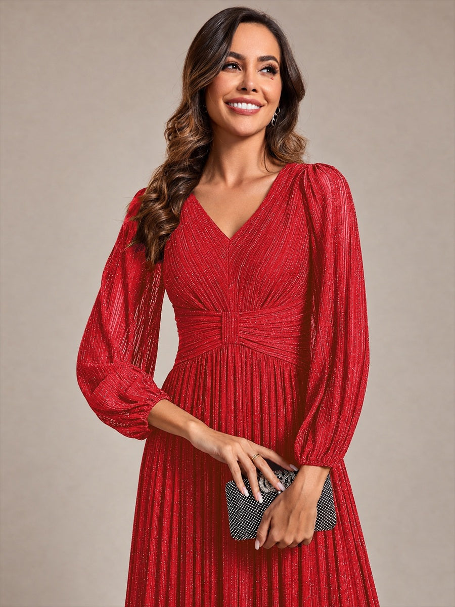 Funkelndes Abendkleid in A-Linie mit Empire-Taille und langen Ärmeln #Farbe_Rot