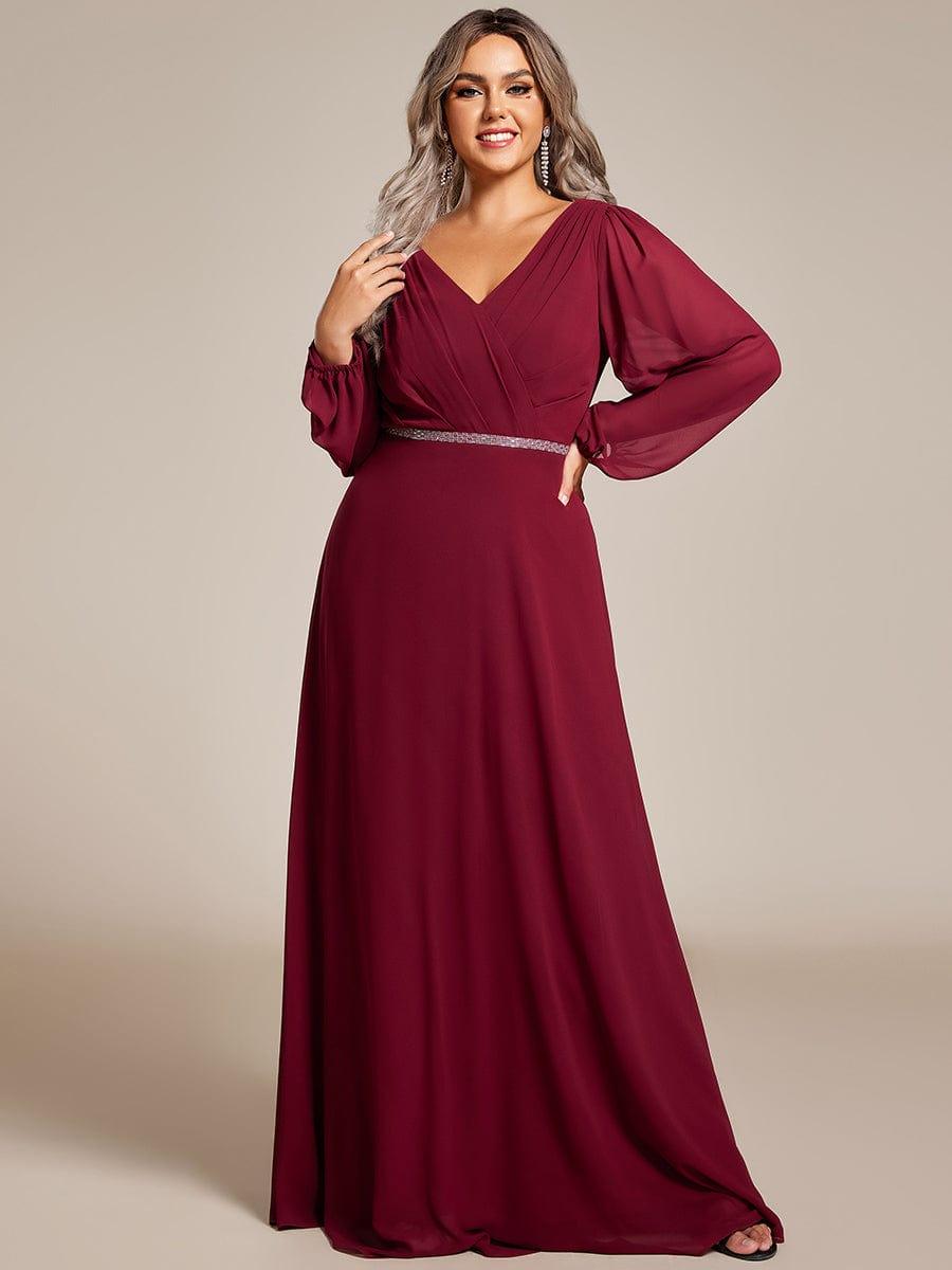 Funkelndes Abendkleid in A-Linie mit Empire-Taille und langen ?rmeln #farbe_Burgundy