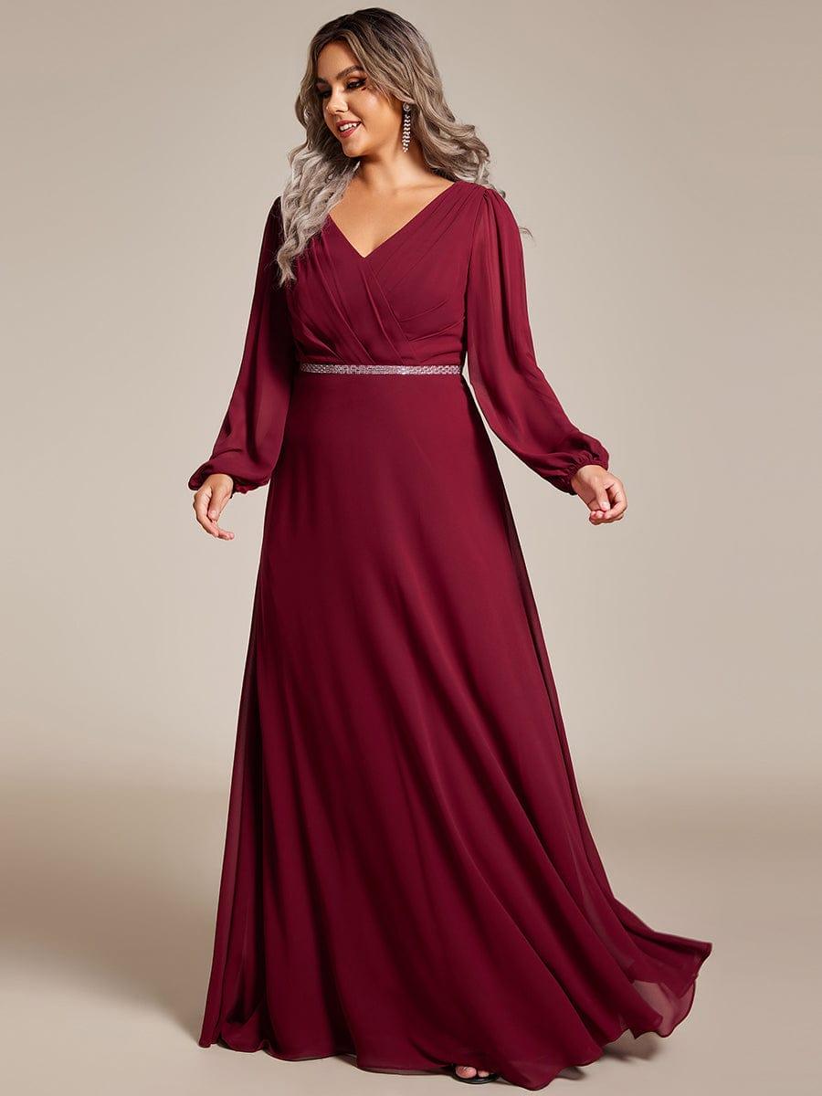 Funkelndes Abendkleid in A-Linie mit Empire-Taille und langen ?rmeln #farbe_Burgundy