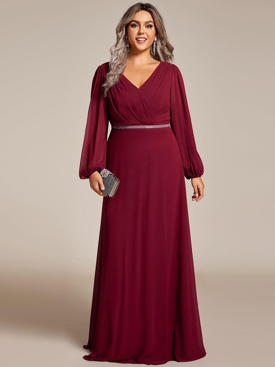 Funkelndes Abendkleid in A-Linie mit Empire-Taille und langen ?rmeln #farbe_Burgundy