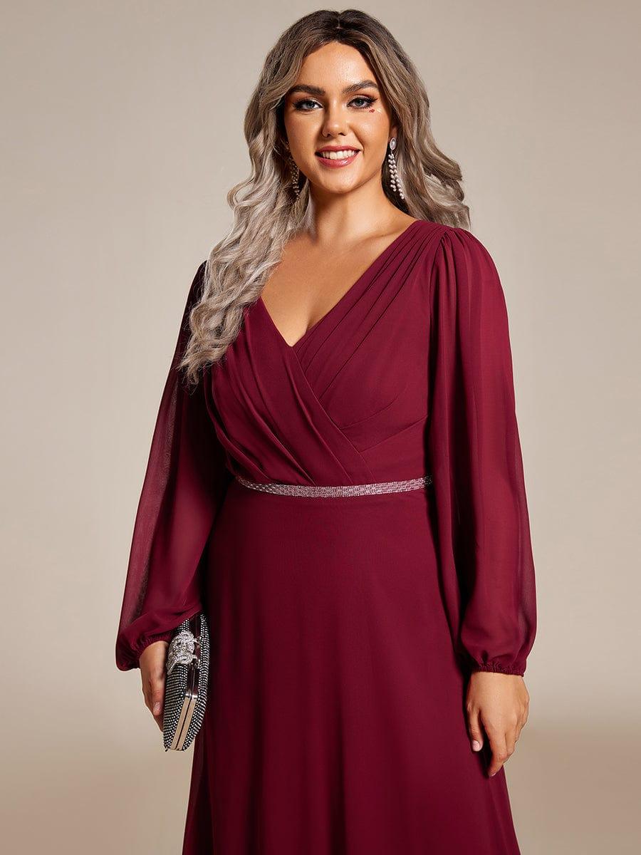 Funkelndes Abendkleid in A-Linie mit Empire-Taille und langen ?rmeln #farbe_Burgundy