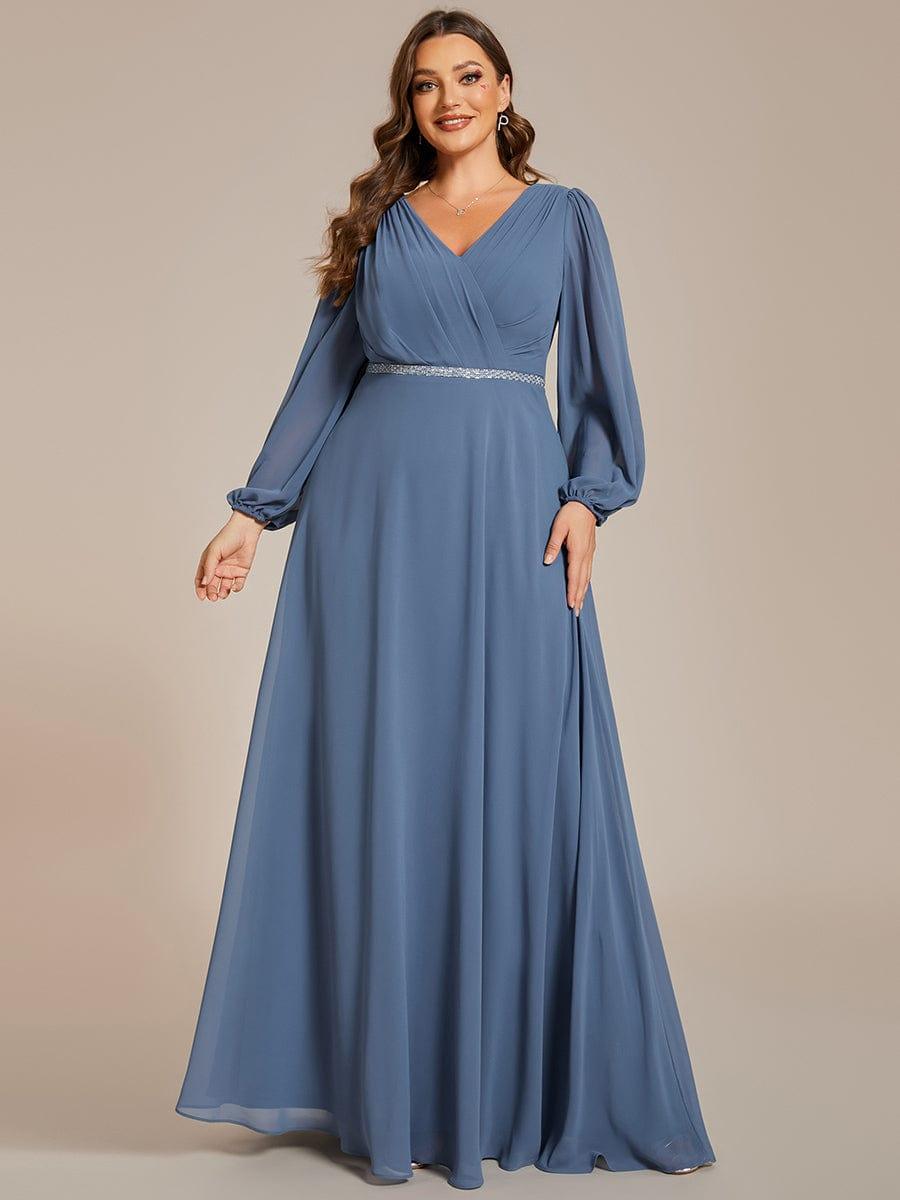 Funkelndes Abendkleid in A-Linie mit Empire-Taille und langen ?rmeln #farbe_Dusty Navy