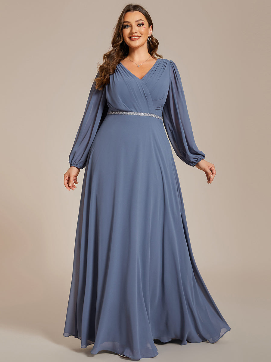 Funkelndes Abendkleid in A-Linie mit Empire-Taille und langen ?rmeln #farbe_Taubenblau