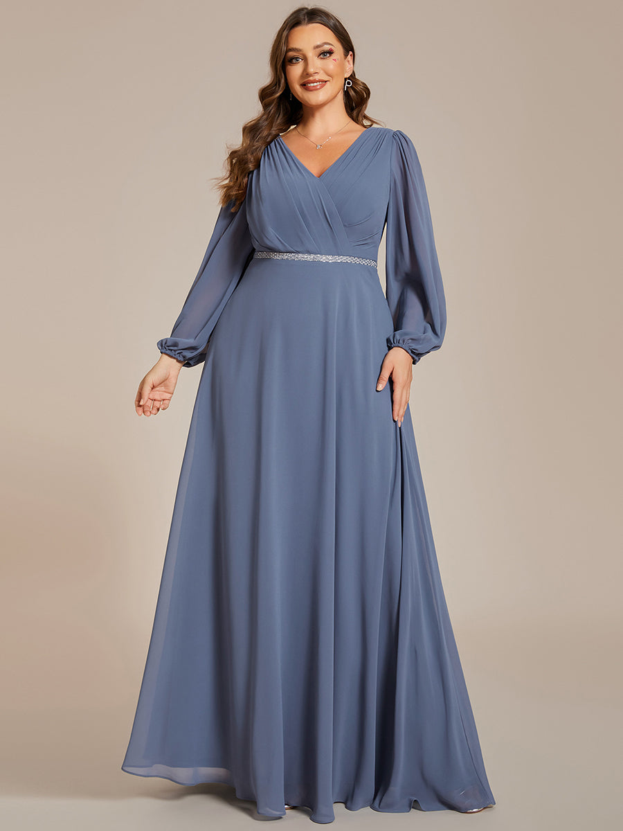 Funkelndes Abendkleid in A-Linie mit Empire-Taille und langen ?rmeln #farbe_Taubenblau