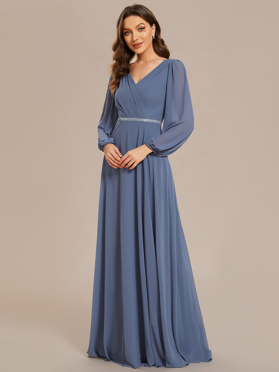 Funkelndes Abendkleid in A-Linie mit Empire-Taille und langen ?rmeln #farbe_Taubenblau
