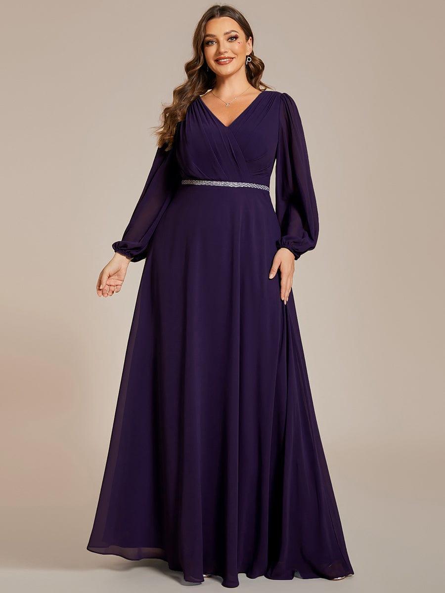 Funkelndes Abendkleid in A-Linie mit Empire-Taille und langen ?rmeln #farbe_Dunkel Violett