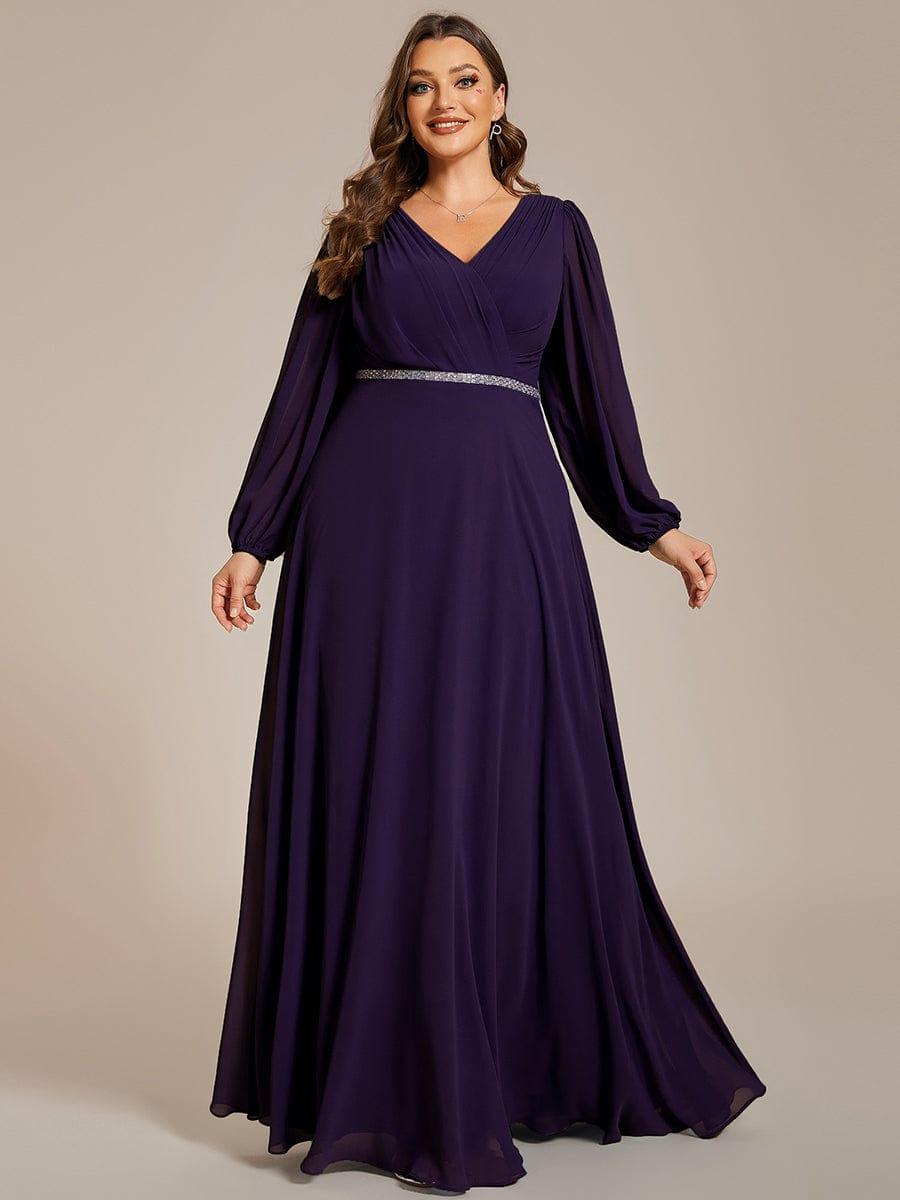 Funkelndes Abendkleid in A-Linie mit Empire-Taille und langen ?rmeln #farbe_Dunkel Violett