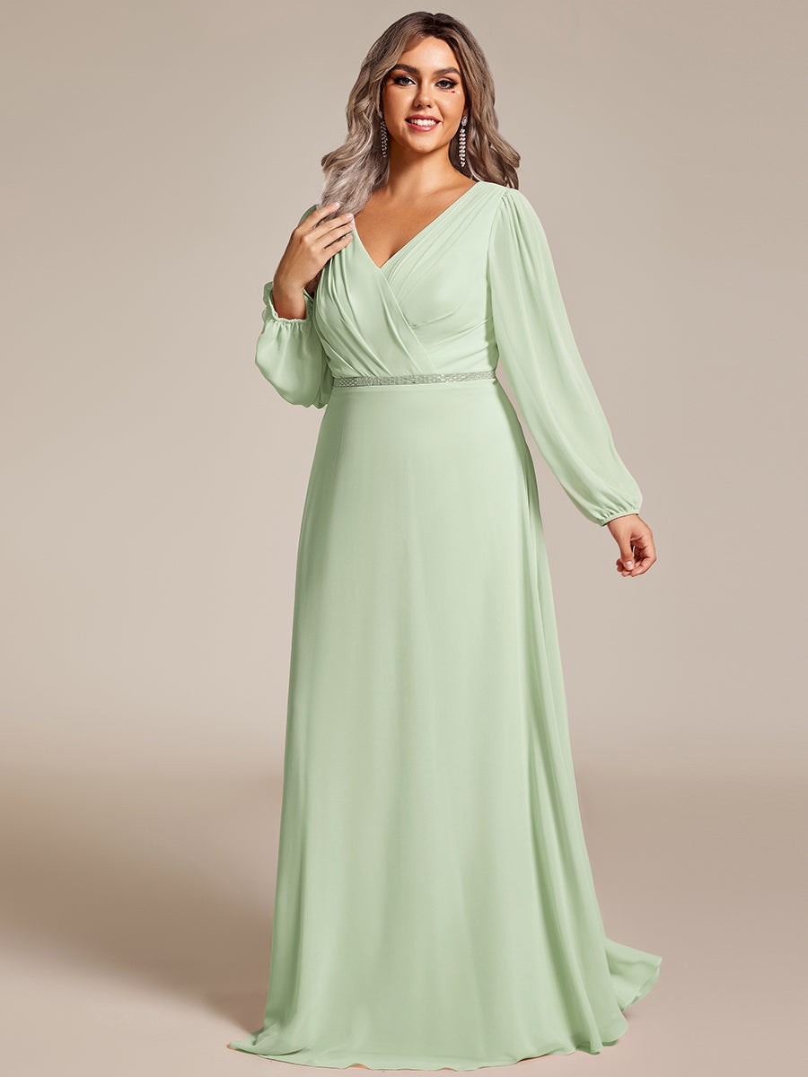 Funkelndes Abendkleid in A-Linie mit Empire-Taille und langen ?rmeln #farbe_Mintgrün