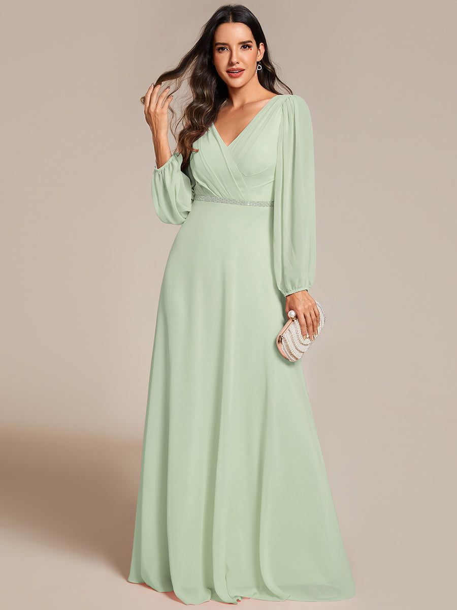 Funkelndes Abendkleid in A-Linie mit Empire-Taille und langen ?rmeln #farbe_Mintgrün