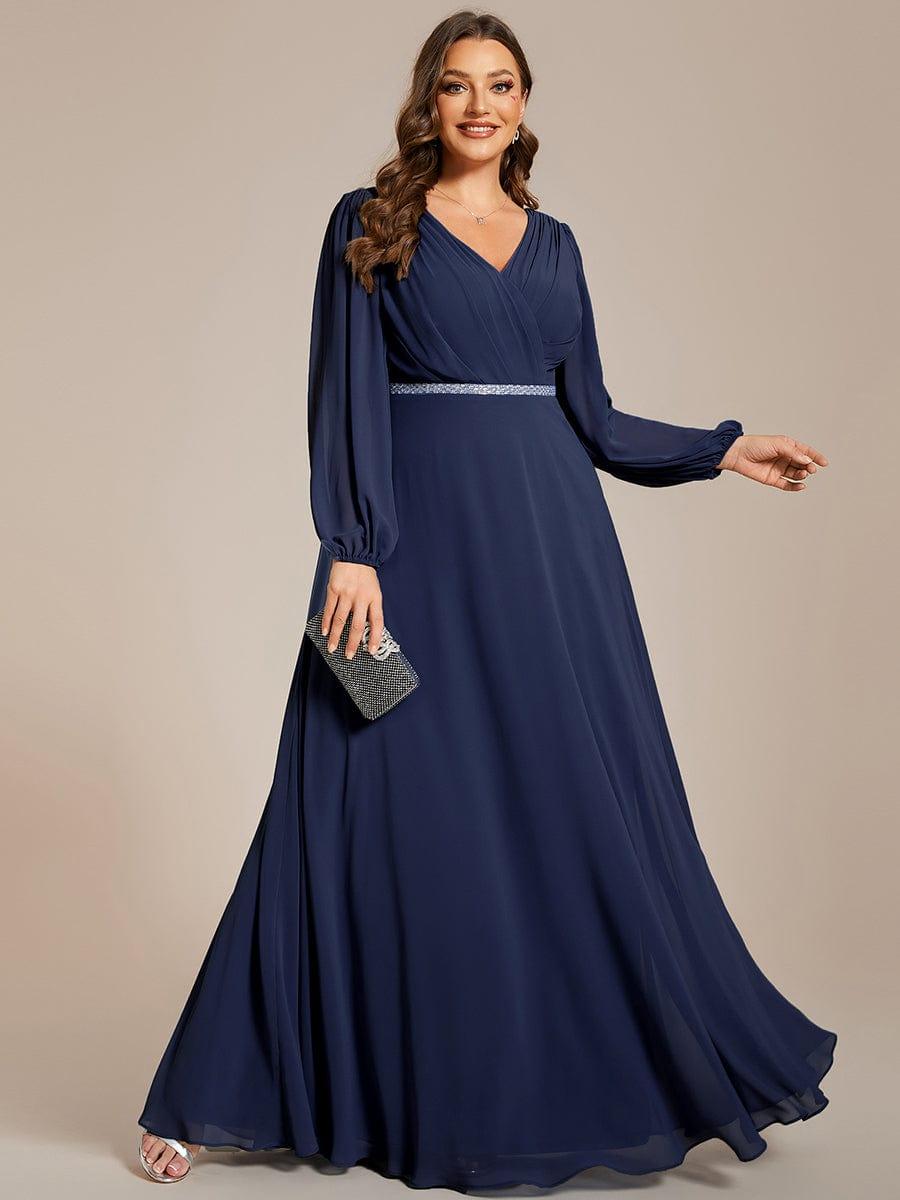 Funkelndes Abendkleid in A-Linie mit Empire-Taille und langen ?rmeln #farbe_Navy Blau
