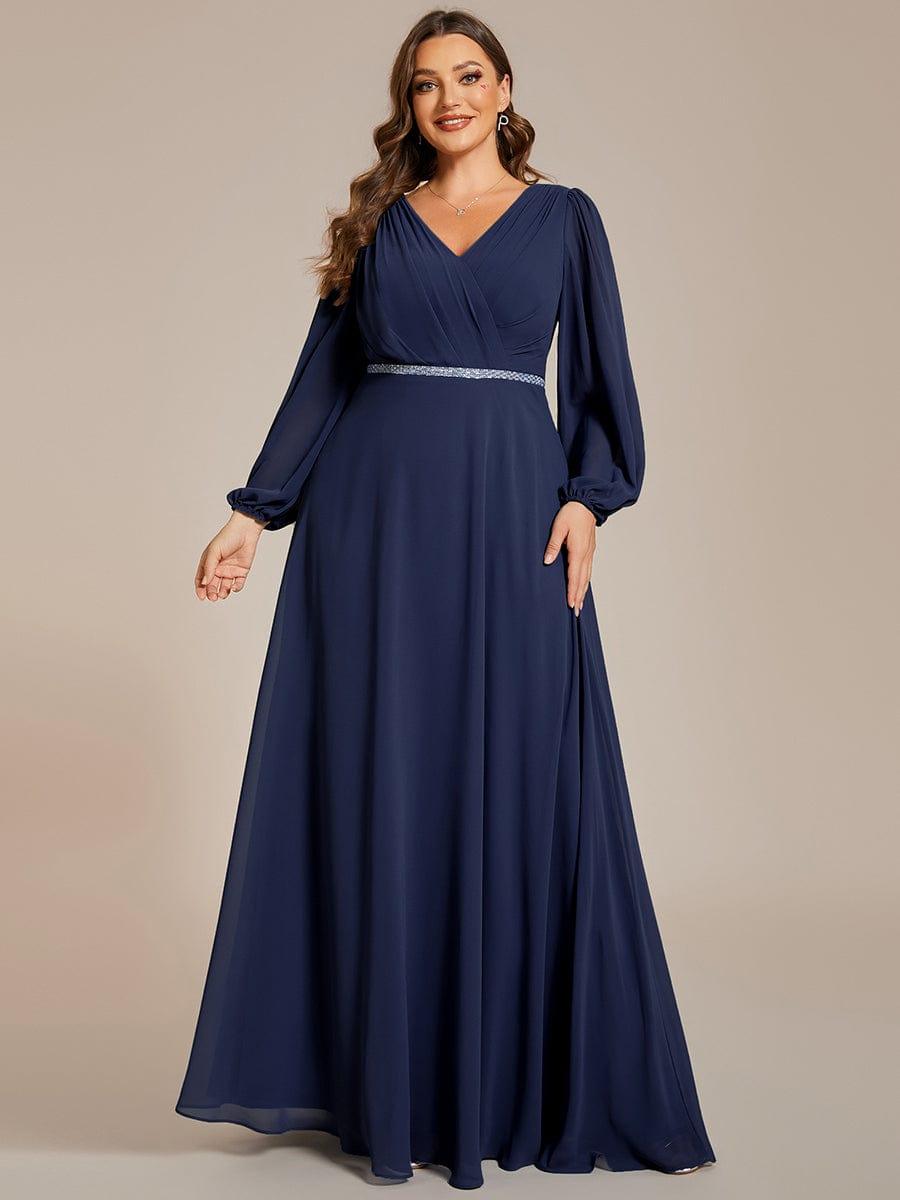 Funkelndes Abendkleid in A-Linie mit Empire-Taille und langen ?rmeln #farbe_Navy Blau
