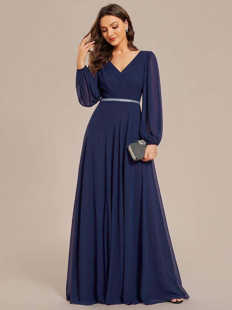 Funkelndes Abendkleid in A-Linie mit Empire-Taille und langen ?rmeln #farbe_Navy Blau Funkelndes Abendkleid in A-Linie mit Empire-Taille und langen ?rmeln #farbe_Navy Blau