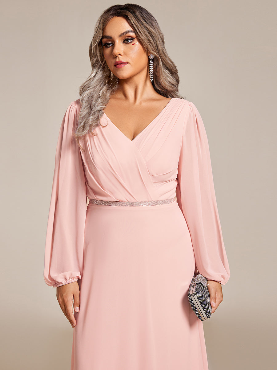 Funkelndes Abendkleid in A-Linie mit Empire-Taille und langen ?rmeln #farbe_Pink