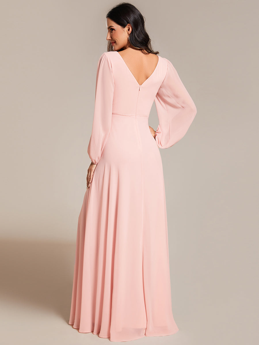 Funkelndes Abendkleid in A-Linie mit Empire-Taille und langen ?rmeln #farbe_Pink