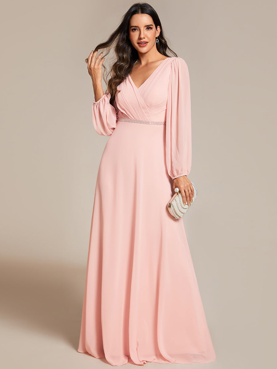 Funkelndes Abendkleid in A-Linie mit Empire-Taille und langen ?rmeln #farbe_Pink