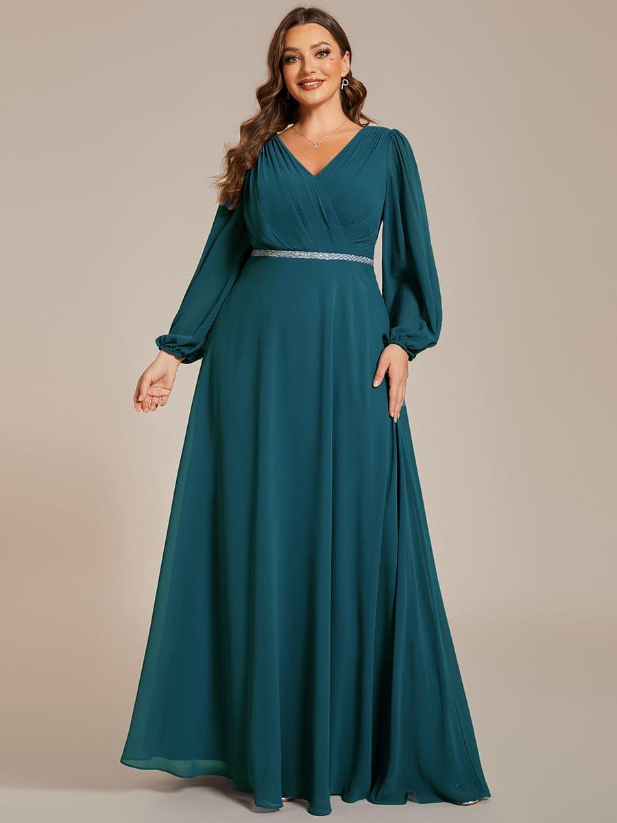 Funkelndes Abendkleid in A-Linie mit Empire-Taille und langen ?rmeln #farbe_Teal