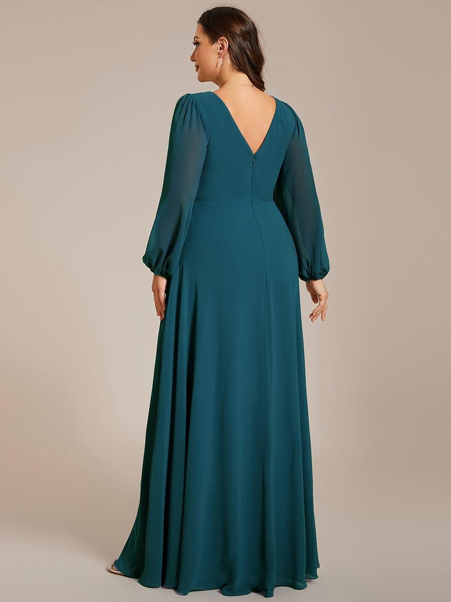 Funkelndes Abendkleid in A-Linie mit Empire-Taille und langen ?rmeln #farbe_Teal