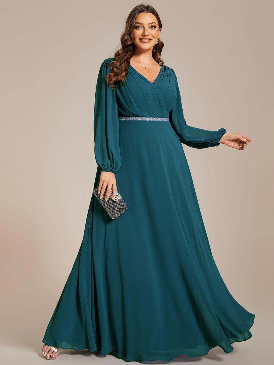Funkelndes Abendkleid in A-Linie mit Empire-Taille und langen ?rmeln #farbe_Teal