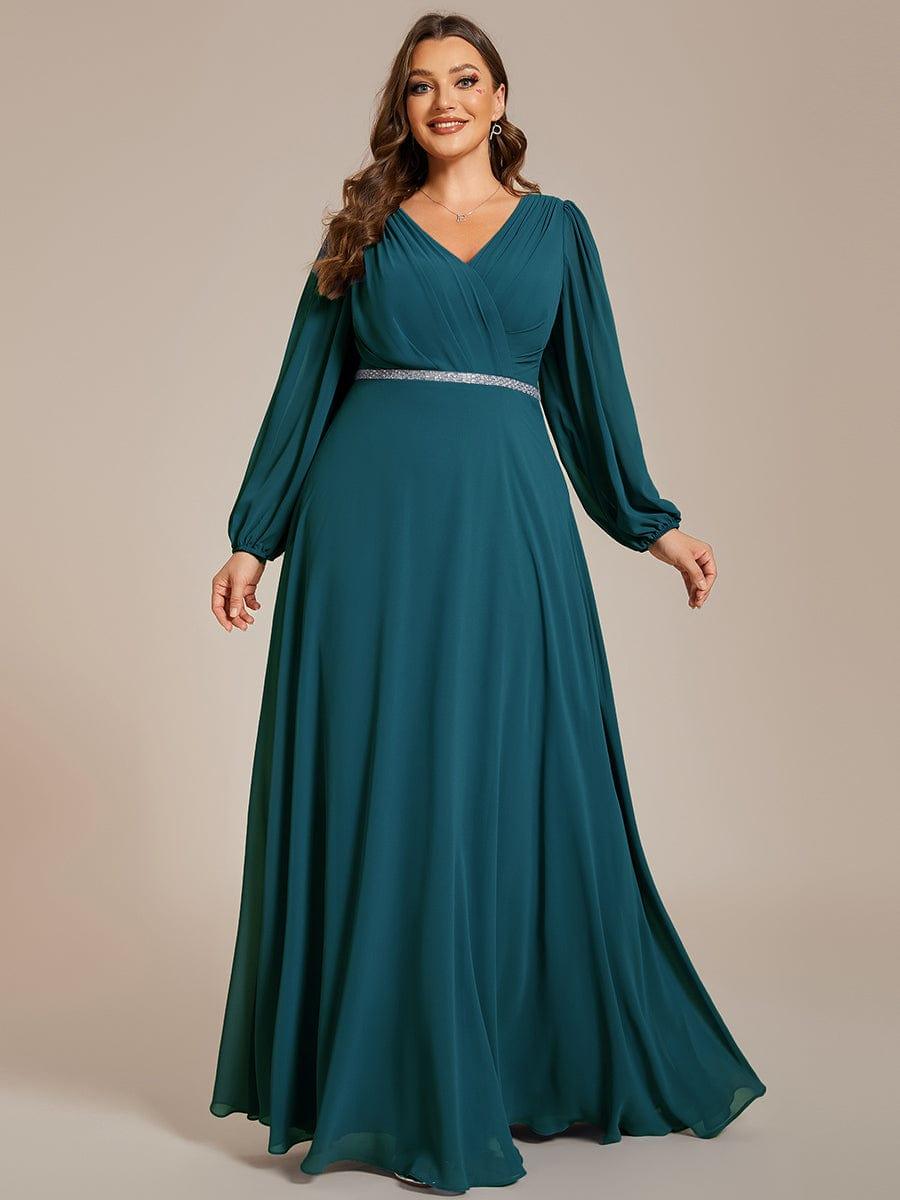 Funkelndes Abendkleid in A-Linie mit Empire-Taille und langen ?rmeln #farbe_Teal