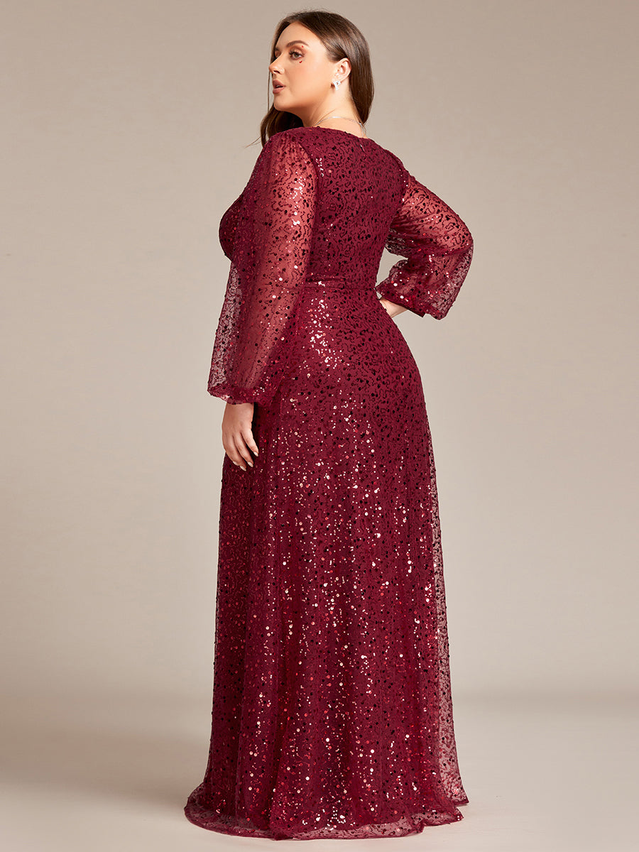 Bodenlanger V-Ausschnitt A-Linie Pailletten Kleid Mit Durchsichtigen Details Funkelnde Eleganz Kleid #Farbe_Burgunderrot
