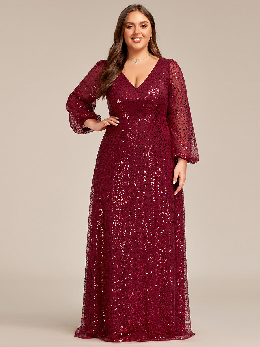 Bodenlanger V-Ausschnitt A-Linie Pailletten Kleid Mit Durchsichtigen Details Funkelnde Eleganz Kleid #Farbe_Burgunderrot