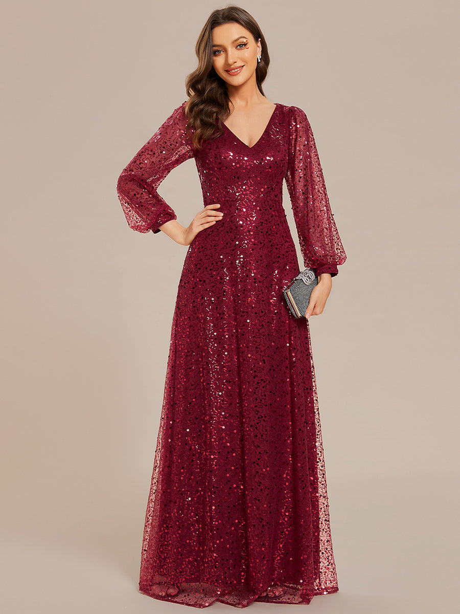 Bodenlanger V-Ausschnitt A-Linie Pailletten Kleid Mit Durchsichtigen Details Funkelnde Eleganz Kleid #Farbe_Burgunderrot