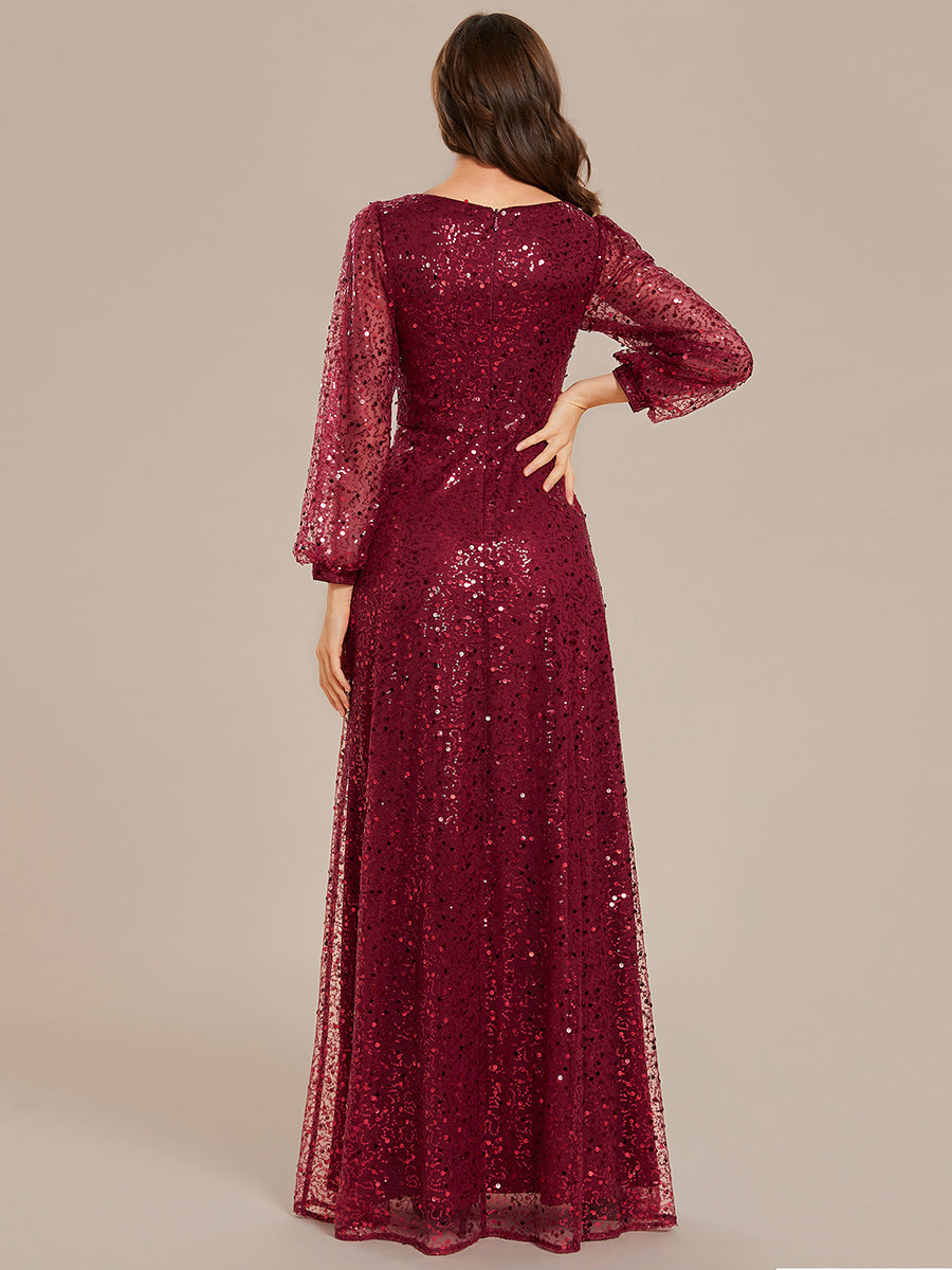Bodenlanger V-Ausschnitt A-Linie Pailletten Kleid Mit Durchsichtigen Details Funkelnde Eleganz Kleid #Farbe_Burgunderrot